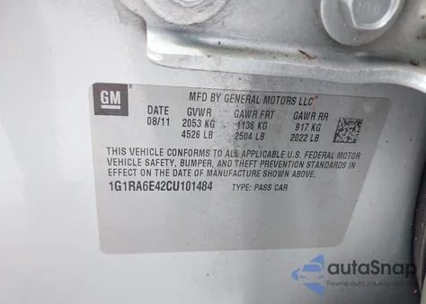 2012 Chevrolet Volt из США, поврежденный, VIN 1G1RA6E42CU101484